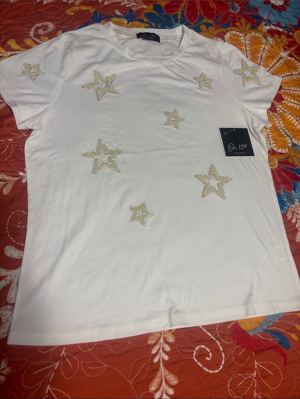 Women  White Star Embellished Short Sleeve Tee